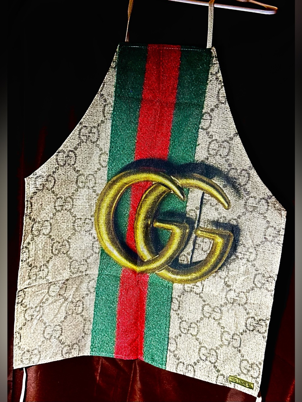 Designer Inspired Beige Apron with Green and Red Stripe and Gold GG NWOT